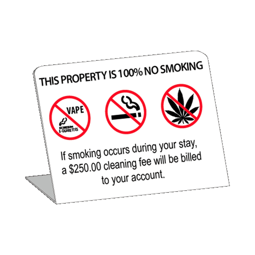 100% Non Smoking/No Vape, Marijuana, Cigarettes Easel Sign 4"W x 3"H, White Styrene Black/Red Print